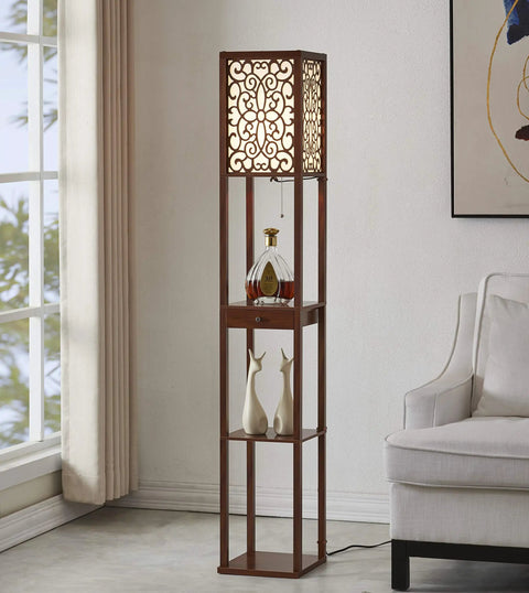 Totally Sleek Etagere Floor Lamp With Drawer And Floral Shade Panels Tall Display Shelf Lighting Unit For Living Room Or Bedroom White Fabric Shade Three Tier Shelves Built In Storage Drawer Modern Statement Piece