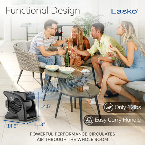 High Velocity Floor Fan 15 Inch Blower With 375 CFM Pivoting Utility Air Mover 3 Speed Controls Dual Outlet Power 120V Black shown in a living room.