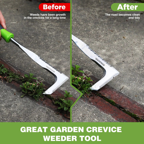 Crack Weeder 12 Inch Stainless Steel Crevice Tool With Soft Grip Handle L Shaped Sidewalk Weed Puller in garden use