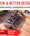 Rolling Grill Basket With Removable Wooden Handle, Extra Sturdy Food Grade Stainless Steel Grill Net Rack with meat and mushrooms.