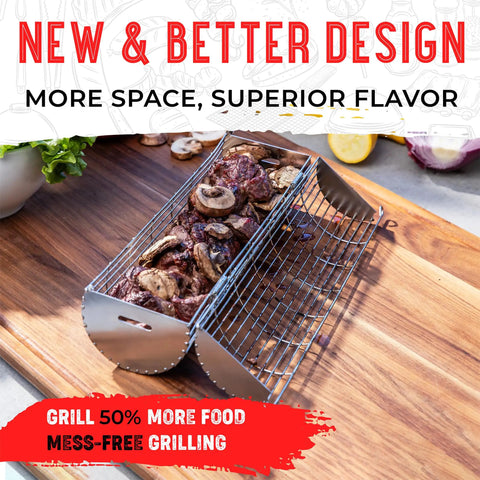 Rolling Grill Basket With Removable Wooden Handle, Extra Sturdy Food Grade Stainless Steel Grill Net Rack with meat and mushrooms.