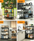 No Drama Four Tier Plastic Shelving Unit For Tight Layouts, 53 Inch Tall vertical rack with groceries in garden and utilities in garage.