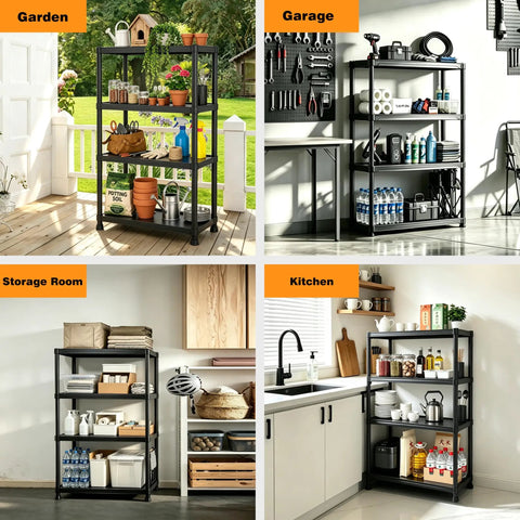 No Drama Four Tier Plastic Shelving Unit For Tight Layouts, 53 Inch Tall vertical rack with groceries in garden and utilities in garage.