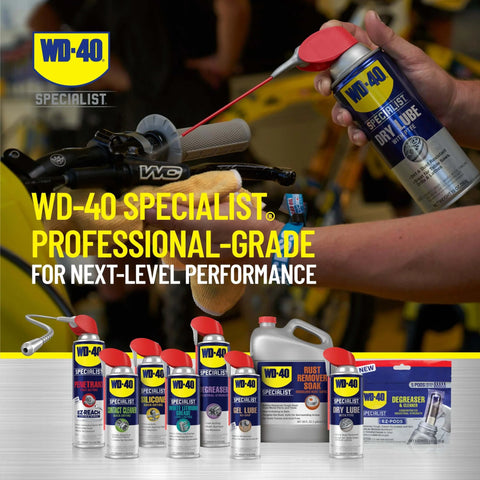 Specialist Dry Lube With Smart Straw PTFE Spray For Power Tools And Machinery Reduces Friction And Wear On Blades Bits Tracks Slides Hinges Drills Lathes Table Saws And Conveyor Belts 10 Oz Twin Pack displayed with other WD-40 products