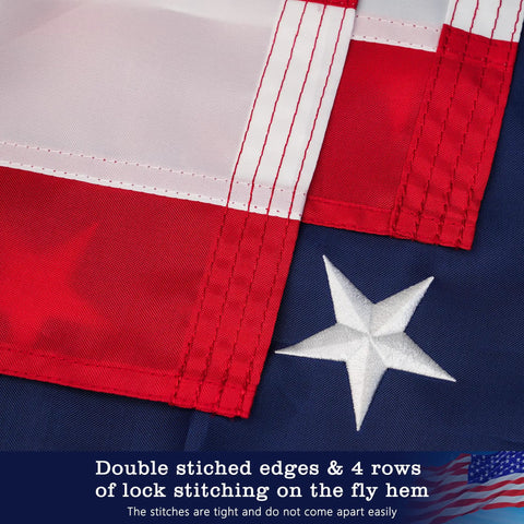 Close-up of 3 x 5 ft American Flag For Outdoor Use, 350D Heavy Duty Polyester showing double-stitched edges and embroidered star.