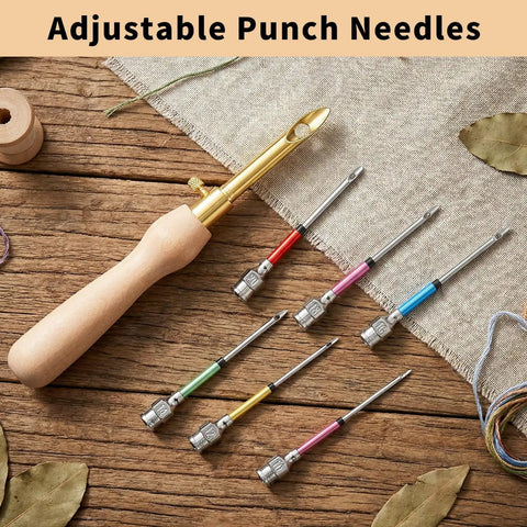 Dope Punch Needle Kit With Adjustable Wooden Handle, Three Needle Sizes, needles and wooden handle displayed on table