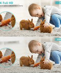 Ultra Clear 3MP Indoor Security Camera For Home Use With 2K Night Vision showing child and rabbits in 2K vs 1080P comparison.