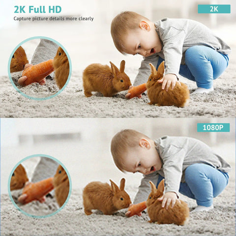 Ultra Clear 3MP Indoor Security Camera For Home Use With 2K Night Vision showing child and rabbits in 2K vs 1080P comparison.