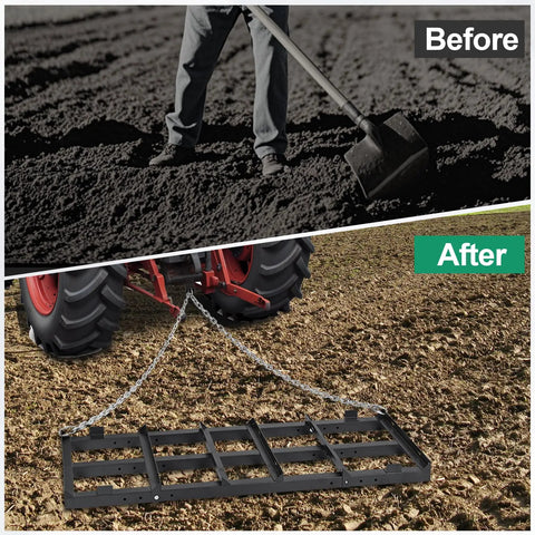 Before and after using Beefy Heavy Duty 4 Ft Driveway Grader Power Rake With 4 Ft Chain, Tow Behind Drag Harrow for gravel and soil leveling