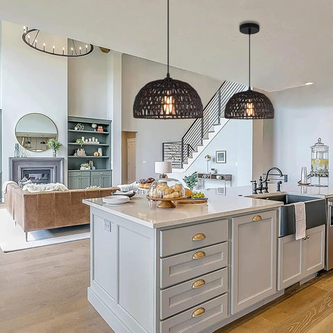 Black Woven Pendant Light Boho Chandelier With Wicker And Rattan Dome Pendant For Dining Room Kitchen Island And Bedroom