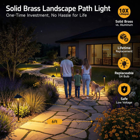 Outdoor Brass Pathway Lights Built To Last With Solid Brass Construction illuminating garden path in night scene