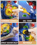 Engine Building Kit For Kids Mechanic Toys Motorcycle Engine Model With Real Light And Music, showcasing turning handle, oil tank, spray water inlet, and keyhole on blue model.