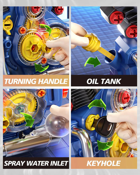 Engine Building Kit For Kids Mechanic Toys Motorcycle Engine Model With Real Light And Music, showcasing turning handle, oil tank, spray water inlet, and keyhole on blue model.