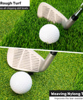 Close-up of golf club and ball on Portable Foldable Grab-and-Go Dual Turf Golf Practice Mat for Indoor Outdoor Swing and Chipping