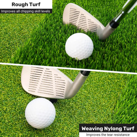 Close-up of golf club and ball on Portable Foldable Grab-and-Go Dual Turf Golf Practice Mat for Indoor Outdoor Swing and Chipping
