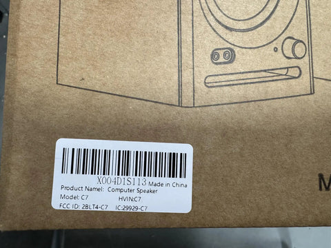 Packaging box with barcode and model details for Dual Mode Two Point Zero Studio Monitors For Near Field Music Production Bluetooth Five Point Three Bookshelf Speakers With RCA AUX TRS Inputs For PC TV Gaming And Studio Mixing Pair Black.