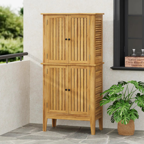 Outdoor Acacia Wood Storage Cabinet With Two Doors And Four Shelves For Backyard Garden Balcony Coastal Farmhouse Style Tool Organizer Weather Resistant Teak Look 61 Inch Tall Shed For Extra Outdoor Storage
