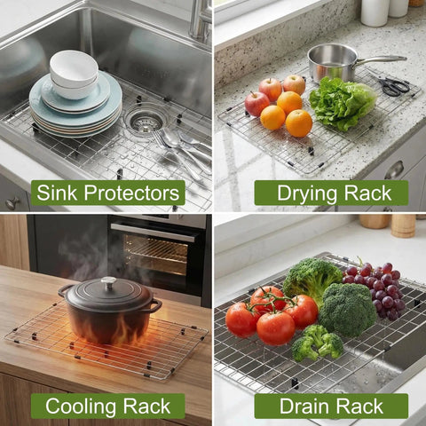 Premium Stainless Steel Sink Grid Protector For Single Kitchen Sink 28 3/8 By 15 3/8 Inches With Rear Drain Hole in use as racks