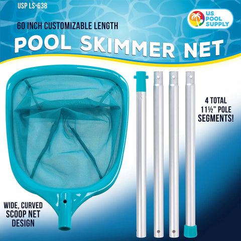 5 Foot Leaf Skimmer Net With 4 Aluminum Pole Sections Ultra Fine Mesh Basket 60 Inch Reach Quick Clean For Pools Spas Ponds