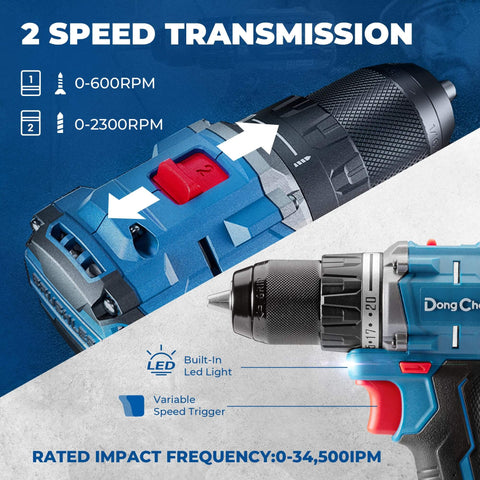 Close-up of 20V Brushless Heavy Duty Impact Drill Kit With 531 Inch Lbs Beast Torque, featuring 2 speed transmission and LED light.