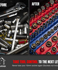 Before and after of toolbox organized with Magnetic Socket Organizer Set For Metric And SAE Tools, Quick Grab Pro Grade Storage, 6 Pack.