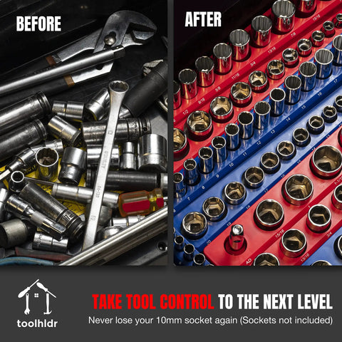 Before and after of toolbox organized with Magnetic Socket Organizer Set For Metric And SAE Tools, Quick Grab Pro Grade Storage, 6 Pack.