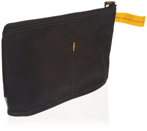 Black multi purpose zip bag for tools and gear, with yellow stitched handle, built tough for on the job storage pouches.