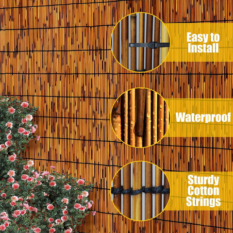 Reed Screen Privacy Fencing for Outdoor Spaces 4ft by 16.4ft Balcony Bamboo Fence with waterproof reed details and cotton strings.