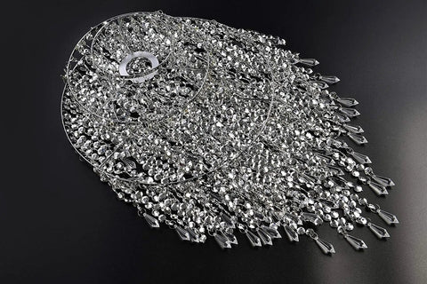 Close-up view of Large Three Tier Beaded Chandelier Lampshade With Sparkling Silver Beads And Acrylic Droplets, Chrome Frame