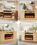 70 Inch Fireplace TV Stand With Wavy Fluted Doors And Adjustable Shelves For 80 Inch TV in various room settings.