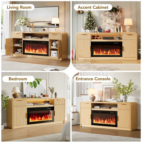 70 Inch Fireplace TV Stand With Wavy Fluted Doors And Adjustable Shelves For 80 Inch TV in various room settings.