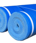 Top Shelf 3 In 1 Flooring Underlayment 200 Sq Ft Roll 3Mm Thick rolls of blue foam with white tape for moisture barrier and sound control.