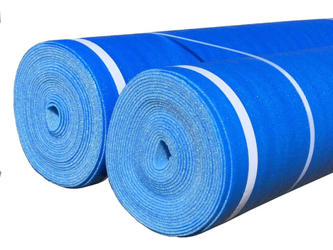 Top Shelf 3 In 1 Flooring Underlayment 200 Sq Ft Roll 3Mm Thick rolls of blue foam with white tape for moisture barrier and sound control.