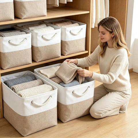 Woman organizing Heavy Duty Foldable Linen Storage Cubes 6 Pack Rock Solid Organizational Baskets with clothes in a closet.