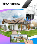 Solar Powered Wireless Outdoor Security Camera 3MP 2K Ultra HD, 2.4G WiFi, PTZ 360 Degree Pan Tilt, house view.