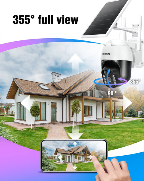 Solar Powered Wireless Outdoor Security Camera 3MP 2K Ultra HD, 2.4G WiFi, PTZ 360 Degree Pan Tilt, house view.