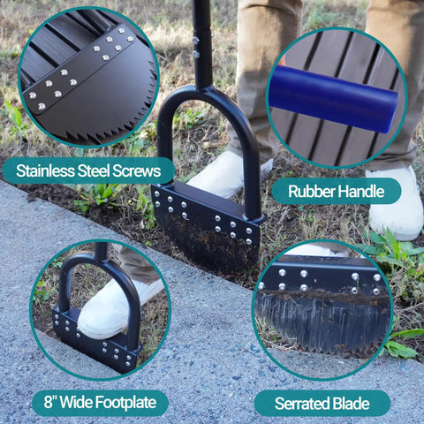 Close-up of Edger Lawn Tool 41 Inch Reach for precise border edging, featuring no nonsense tempered spring steel blade, rubber handle, wide footplate.