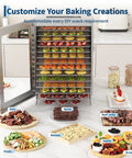 Built Tough Real Deal 14 Tray Stainless Steel Food Dehydrator Electric Dryer with various dried fruits, nuts, and beef jerky on display.