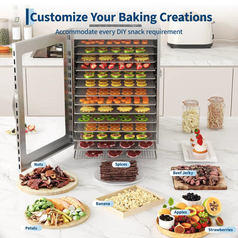 Built Tough Real Deal 14 Tray Stainless Steel Food Dehydrator Electric Dryer with various dried fruits, nuts, and beef jerky on display.