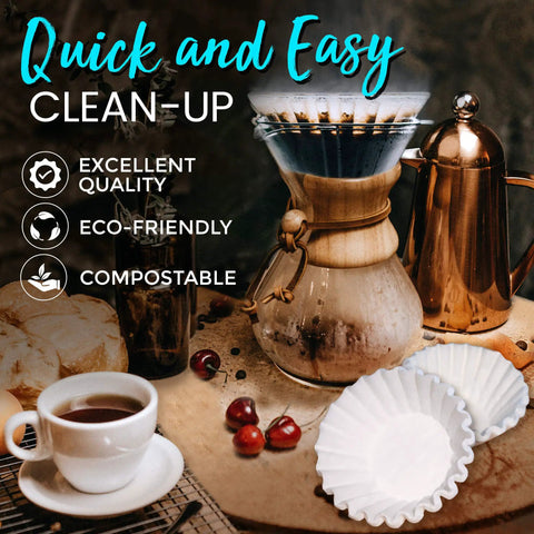 Image showing Large 8 To 10 Cup Coffee Filters Decanter Style White Disposable Eco Friendly Commercial Paper Basket next to decanter.