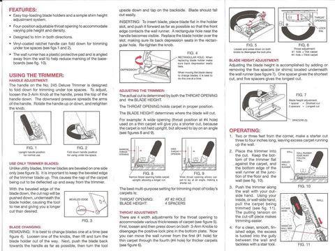Instructions and diagrams for Carpet Wall Trimmer Kit With 10 Sheffield Steel Blades And Two Conventional Replacement Blades