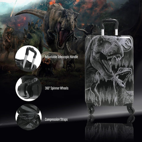 kids dinosaur carry on luggage with Jurassic World graphics