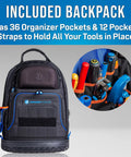 Front view of black backpack from TK-107B Backpack Fiber Optic Mid Span Slit And Ring Tool Kit with tools visible in pockets.