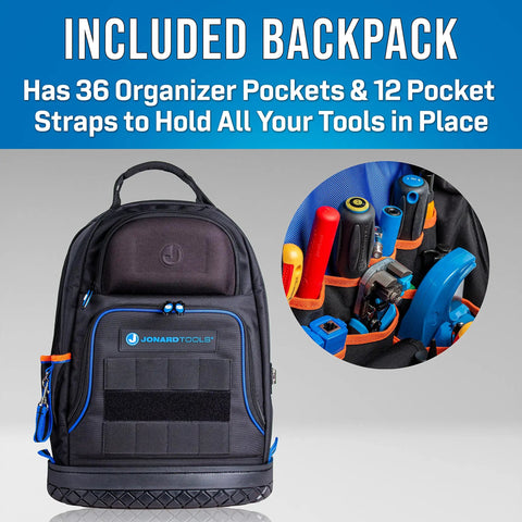 Front view of black backpack from TK-107B Backpack Fiber Optic Mid Span Slit And Ring Tool Kit with tools visible in pockets.