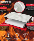 Extra Large 60 By 70 Inch Fiberglass Fire Blanket For Grills BBQs Campfires And Tailgating With Patent Pending Safety Handles For Quick Fire Suppression And Emergency Camping Gear Designed In The USA shown with safety features and temperature resistance details in fiery background.
