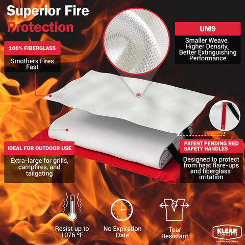 Extra Large 60 By 70 Inch Fiberglass Fire Blanket For Grills BBQs Campfires And Tailgating With Patent Pending Safety Handles For Quick Fire Suppression And Emergency Camping Gear Designed In The USA shown with safety features and temperature resistance details in fiery background.