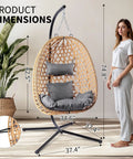Egg Chair With Stand Outdoor Patio Wicker Swing Chair For Balcony Garden Cozy Lounge 350 Lbs Capacity Cushioned Ergonomic Design With Thick Cushion For All Day Comfort Weatherproof Frame Easy To Assemble dimensions shown with model for scale