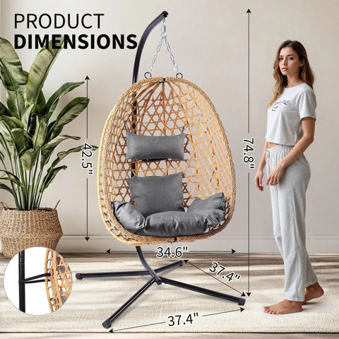 Egg Chair With Stand Outdoor Patio Wicker Swing Chair For Balcony Garden Cozy Lounge 350 Lbs Capacity Cushioned Ergonomic Design With Thick Cushion For All Day Comfort Weatherproof Frame Easy To Assemble dimensions shown with model for scale