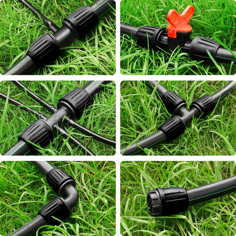 Close-up of 1/2 Inch Drip Irrigation Fittings Kit, 20 Piece DIY Set For Barbed Tees End Caps Valves Elbows Reducing Tees And Connectors