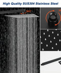 12 Inch Square Rain Shower Head With Extension Arm And Handheld Combo High Pressure All Metal Shower System With Brass Valve Rust Resistant 304 Stainless Steel Head Leak Proof Matte Black Finish, water flow and components displayed.